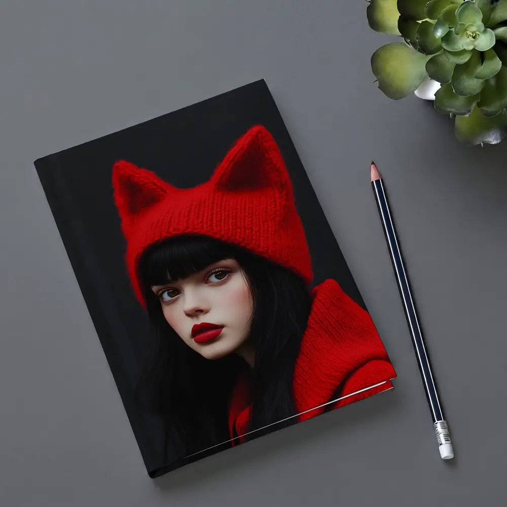 Girl Red Cat Ear Knit Hat Portrait – Notebooks