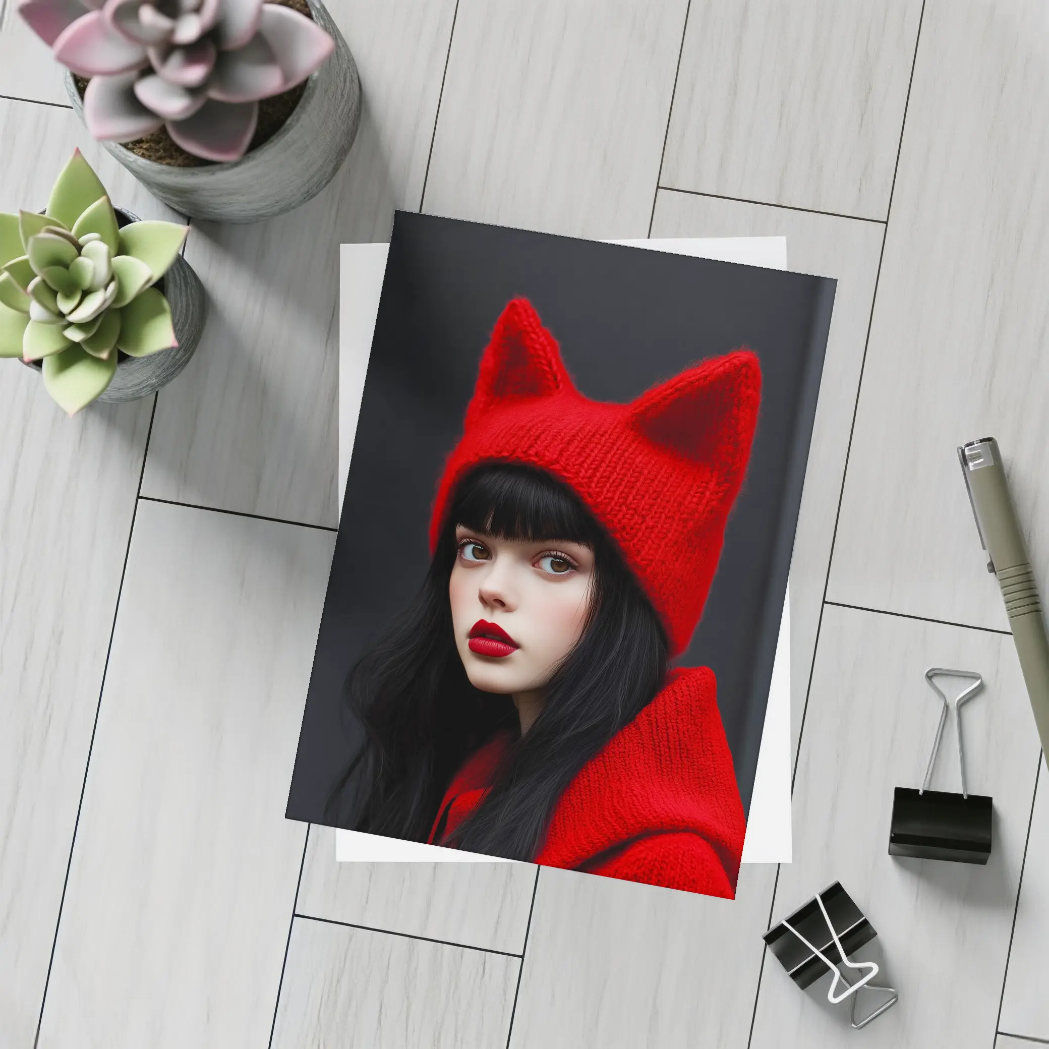 Girl Red Cat Ear Knit Hat Portrait – Postcards