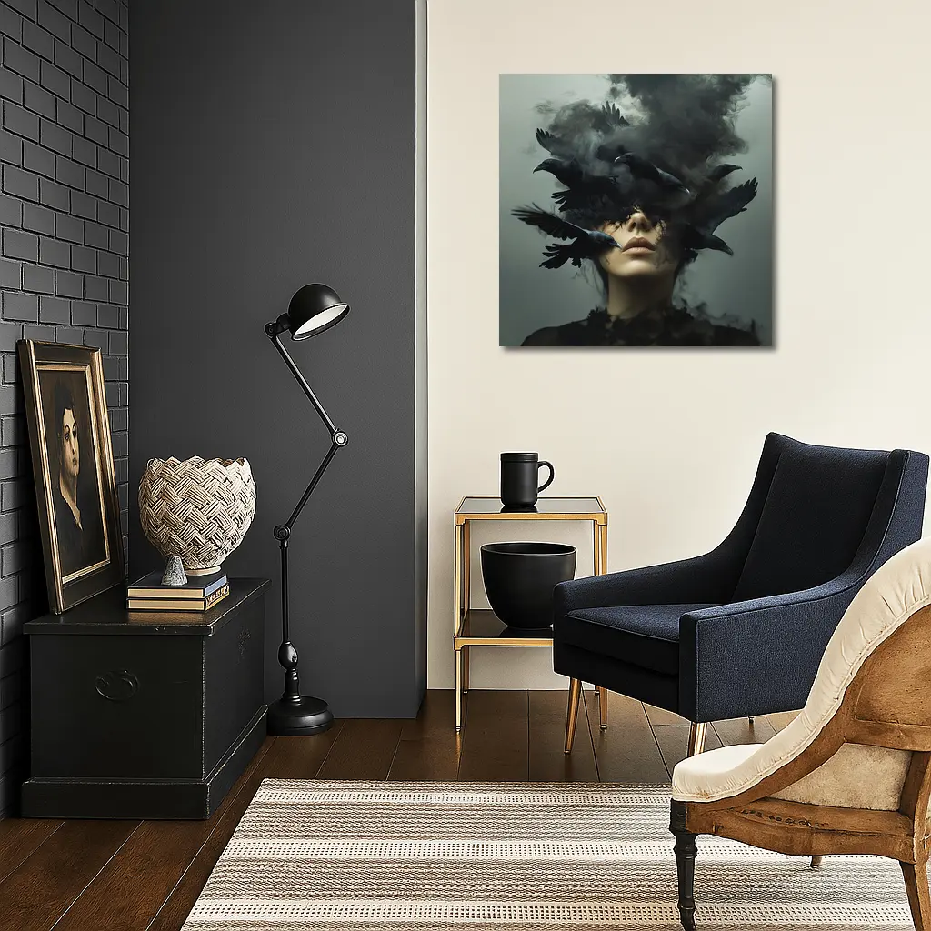 Woman With Ravens Dark Smoke Surreal Art – Wall Art
