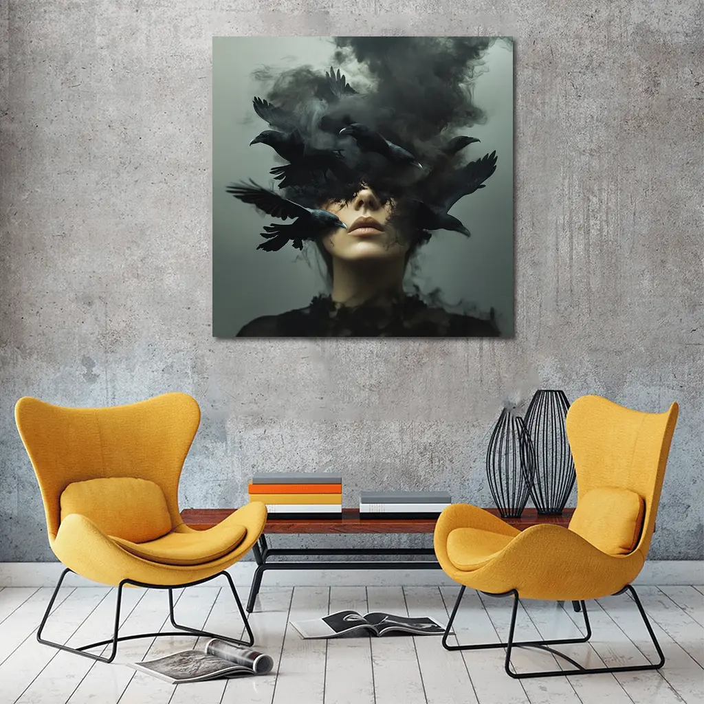 Woman With Ravens Dark Smoke Surreal Art – Wall Art