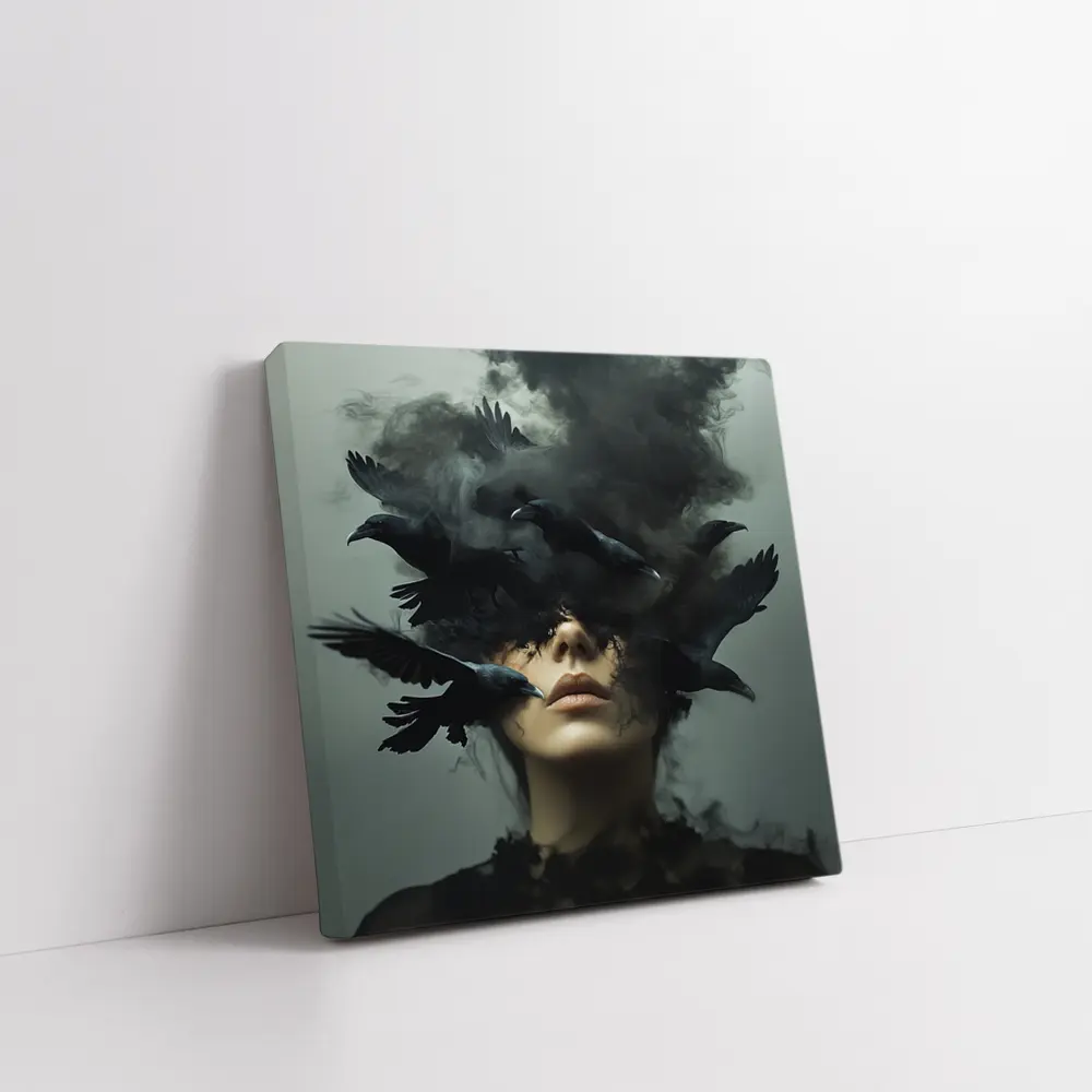 Woman With Ravens Dark Smoke Surreal Art – Wall Art