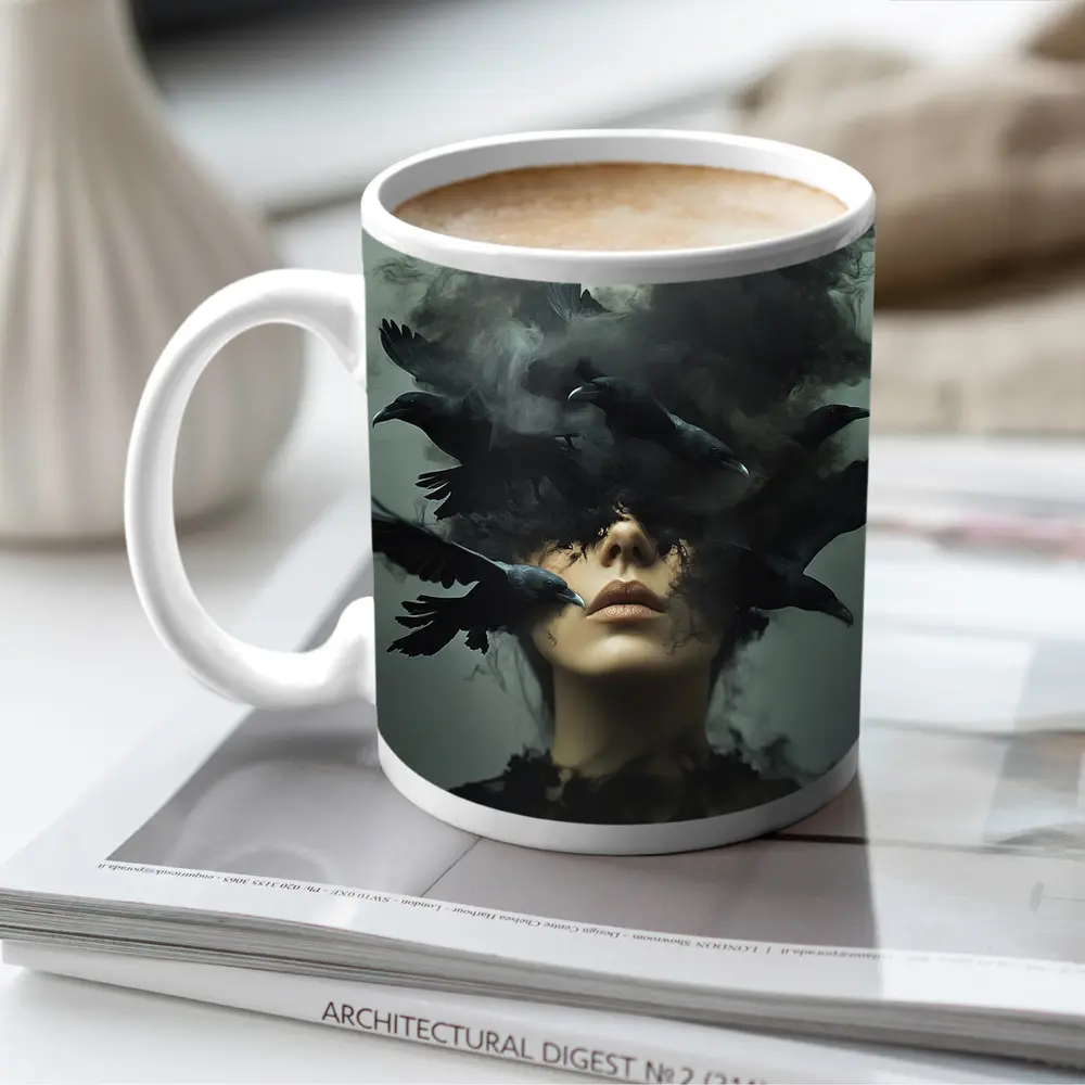Woman With Ravens Dark Smoke Surreal Art – Mugs