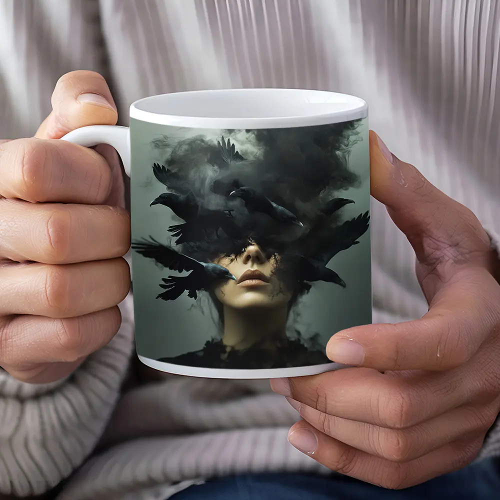 Woman With Ravens Dark Smoke Surreal Art – Mugs