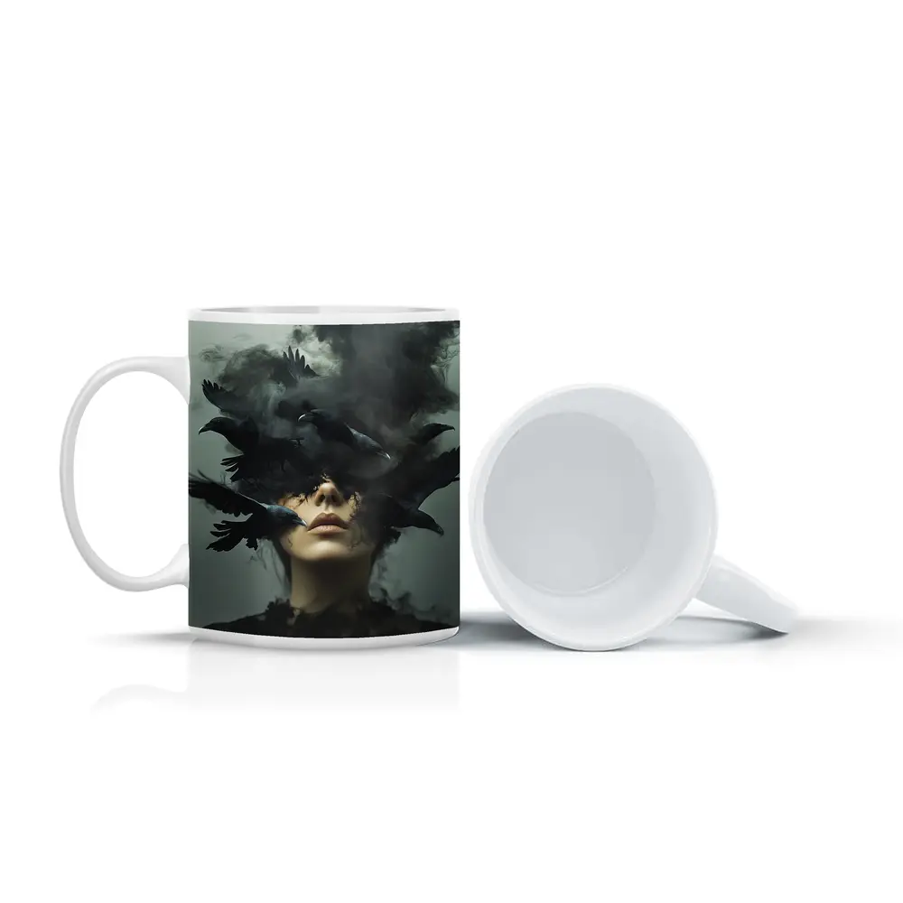 Woman With Ravens Dark Smoke Surreal Art – Mugs