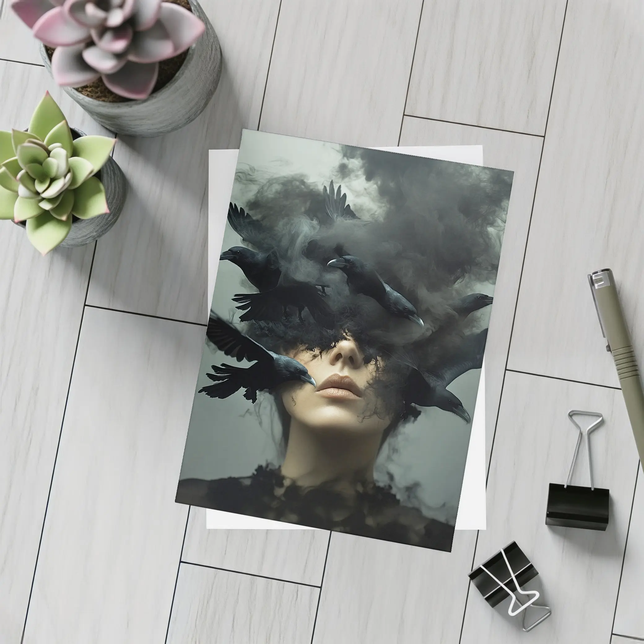 Woman With Ravens Dark Smoke Surreal Art – Postcards