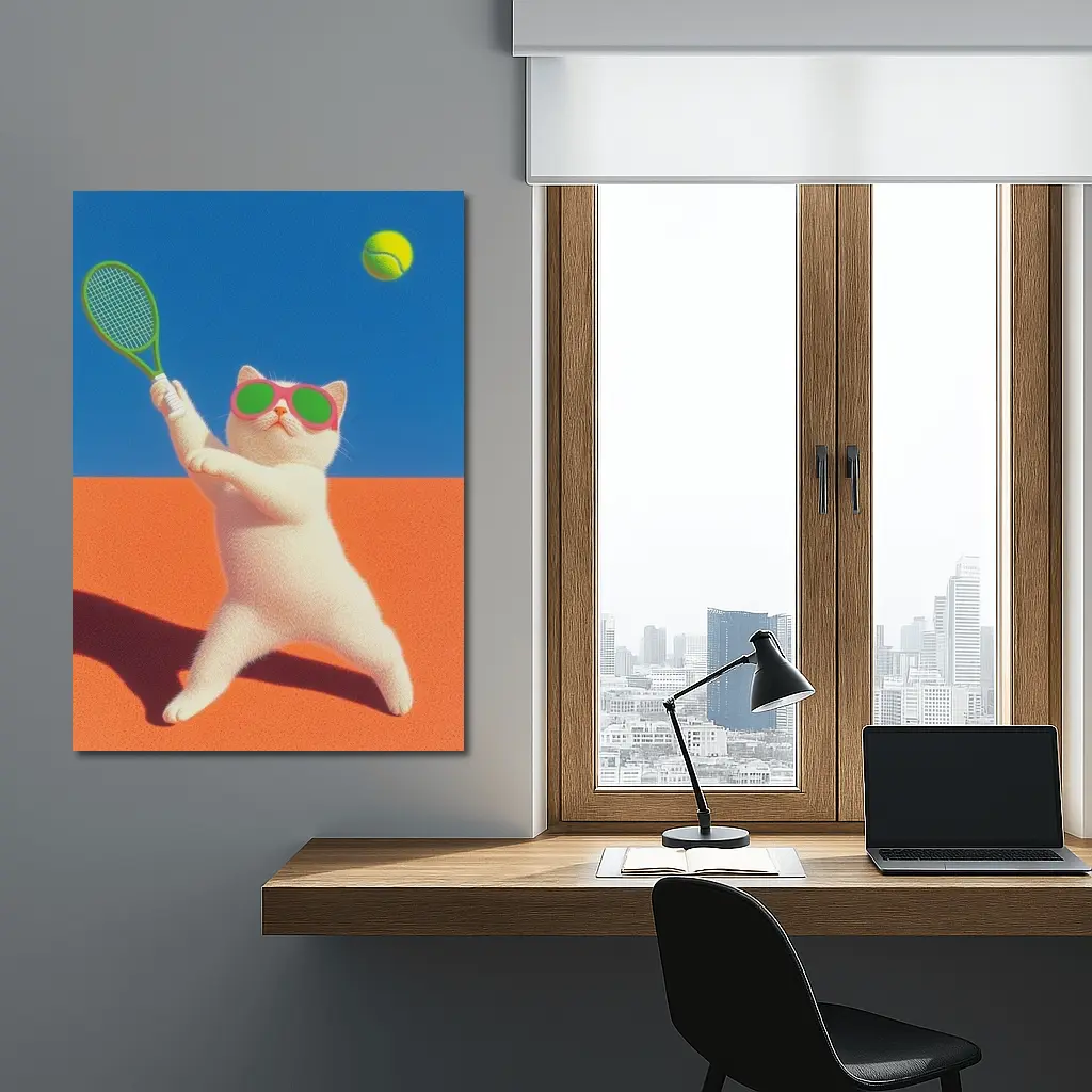 White Cat Playing Tennis Orange Court – Wall Art