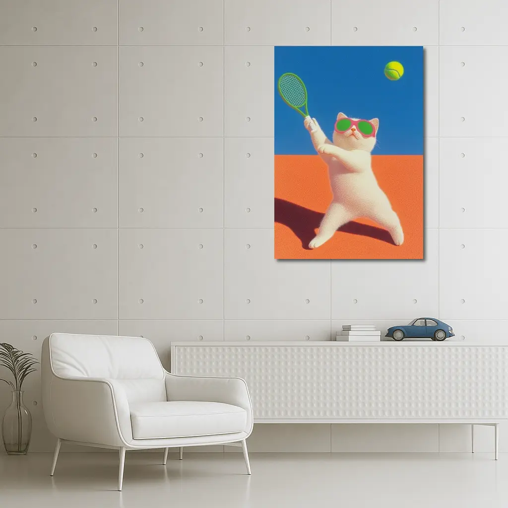 White Cat Playing Tennis Orange Court – Wall Art
