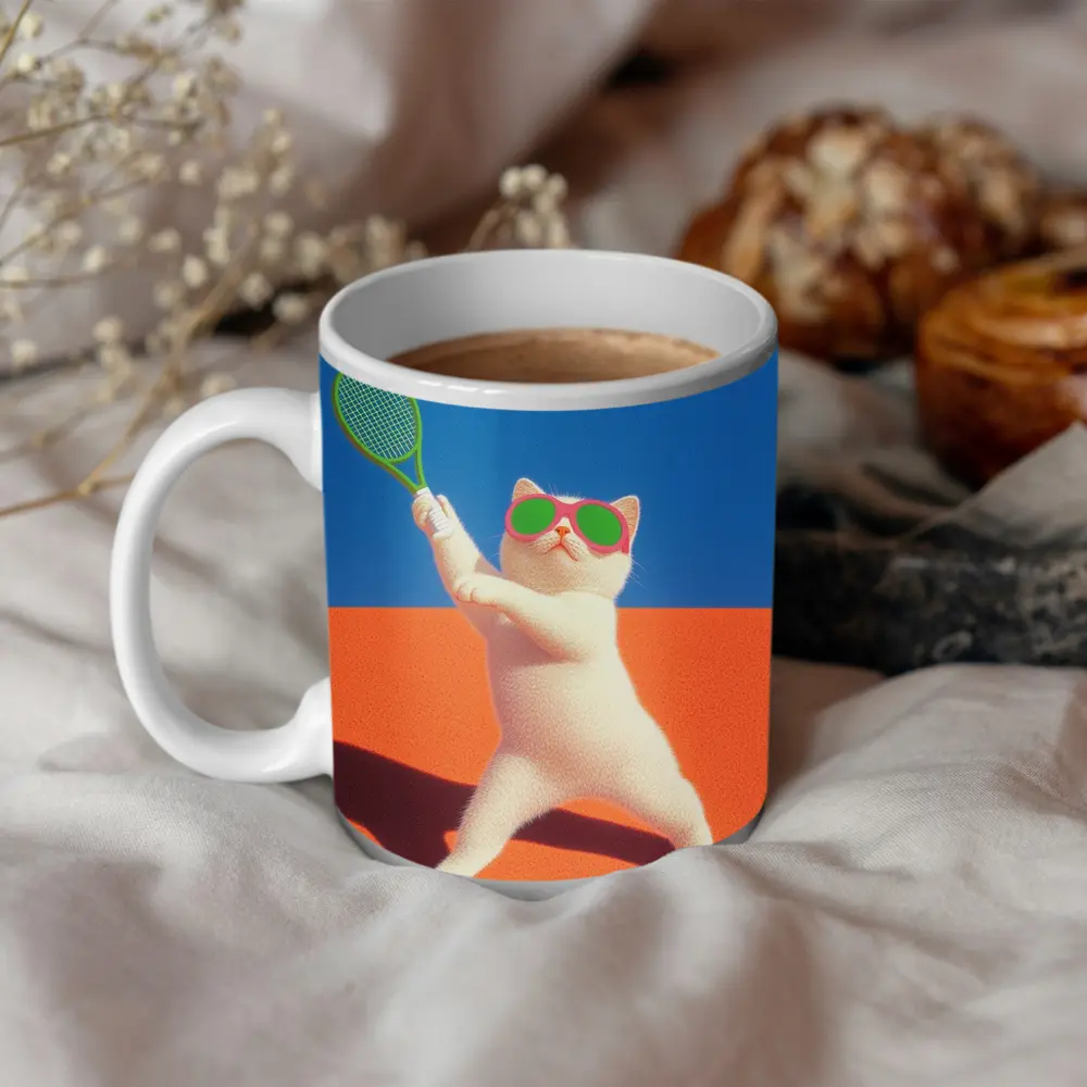 White Cat Playing Tennis Orange Court – Mugs