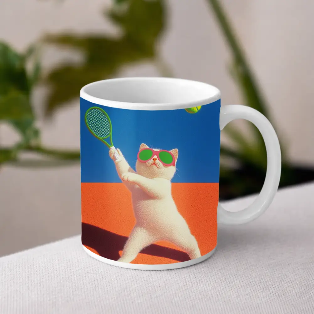White Cat Playing Tennis Orange Court – Mugs