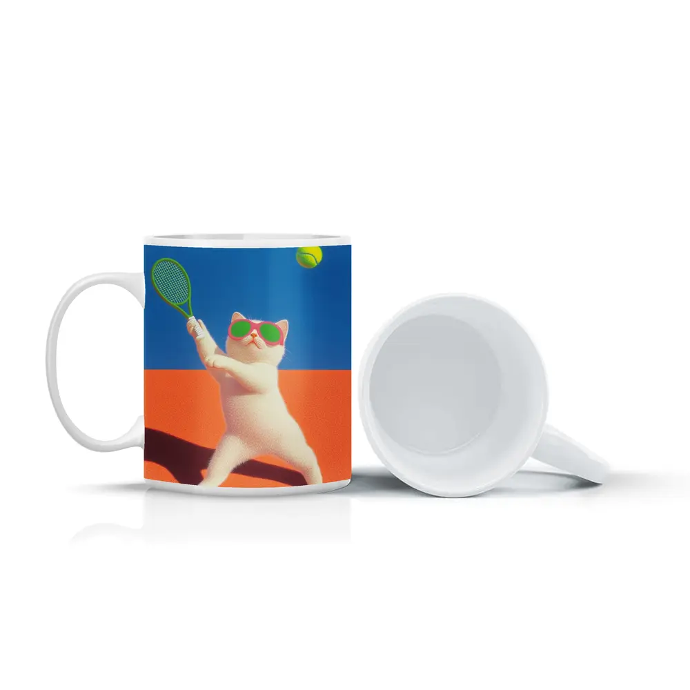 White Cat Playing Tennis Orange Court – Mugs
