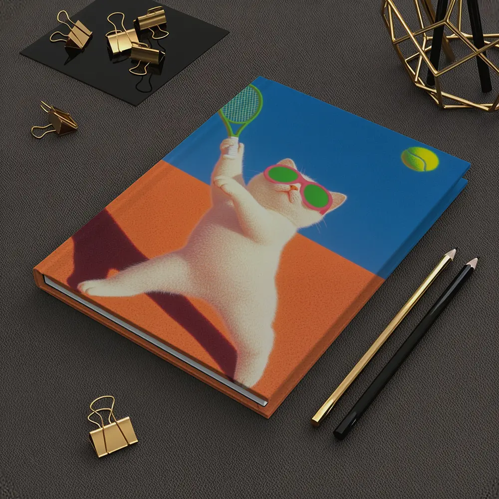 White Cat Playing Tennis Orange Court – Notebooks