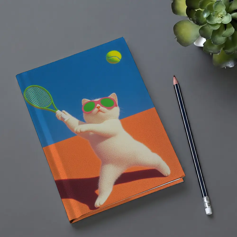 White Cat Playing Tennis Orange Court – Notebooks