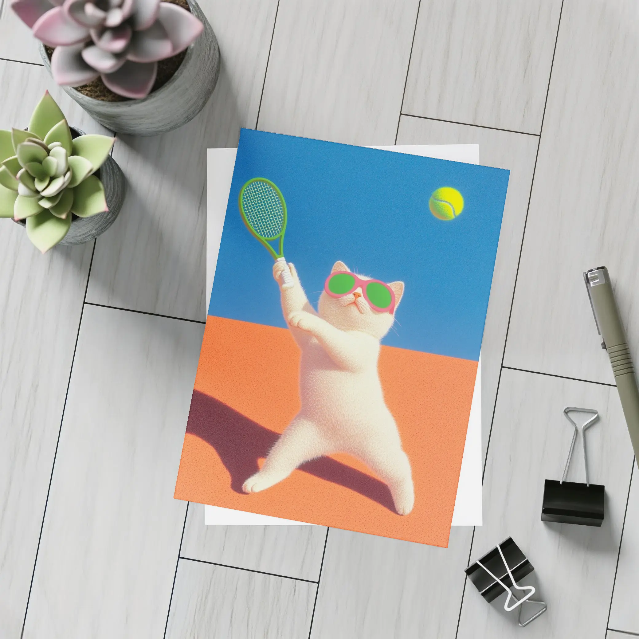 White Cat Playing Tennis Orange Court – Postcards