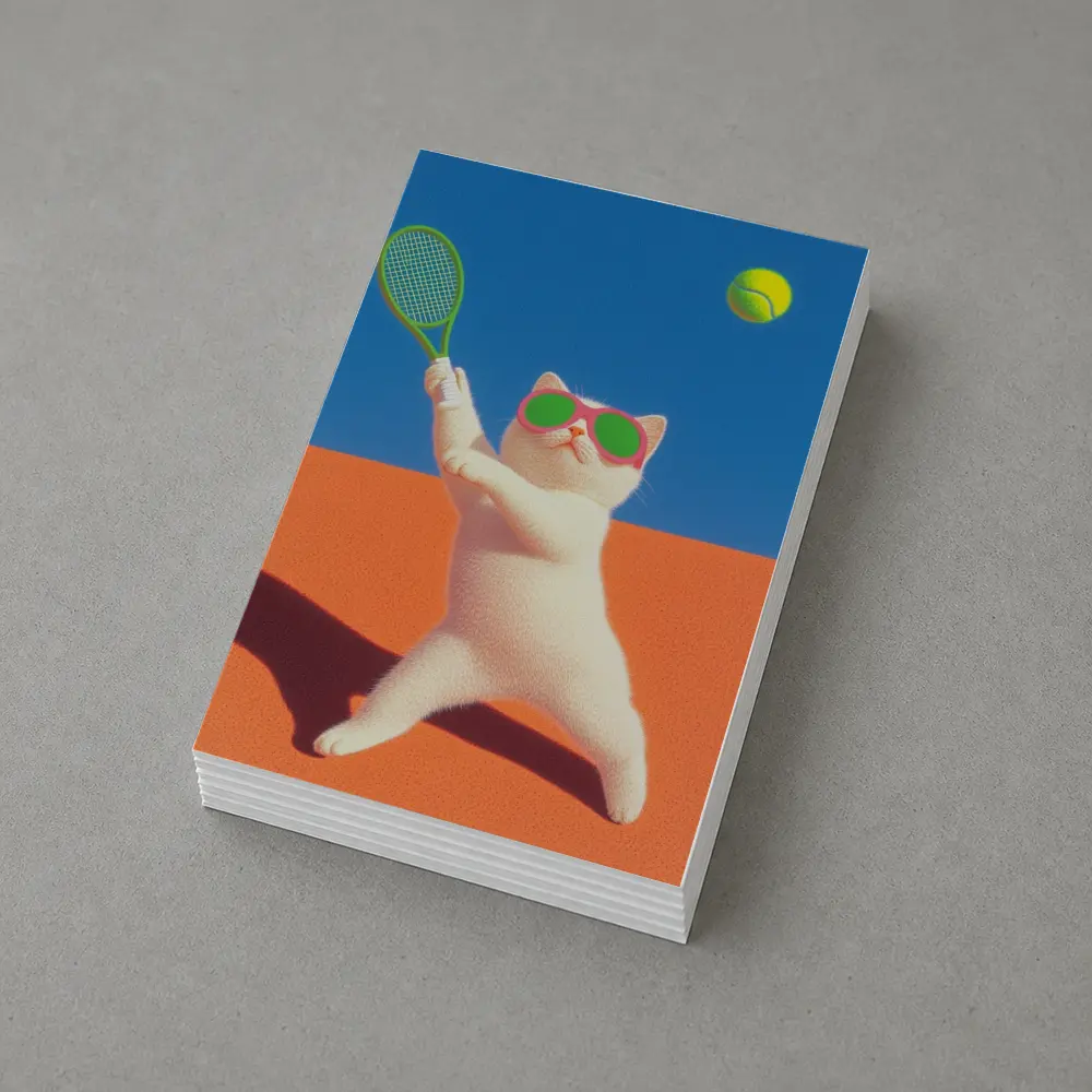 White Cat Playing Tennis Orange Court – Postcards