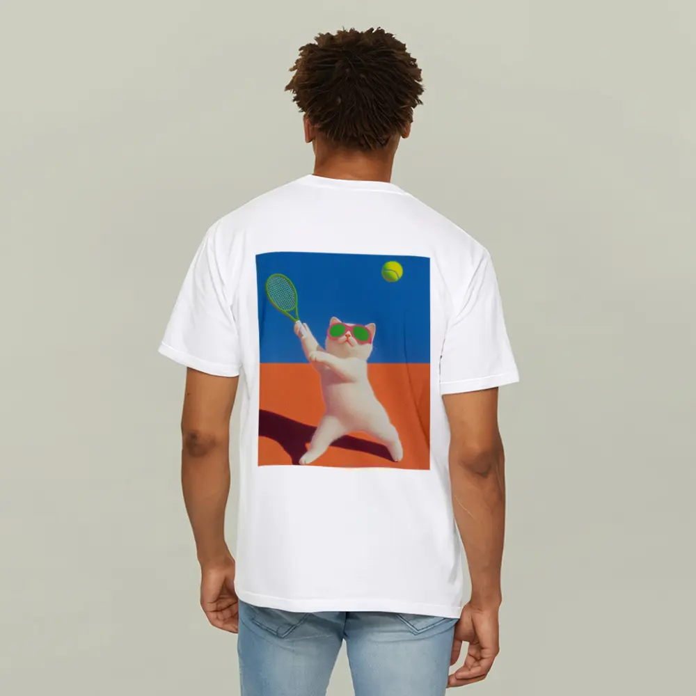 White Cat Playing Tennis Orange Court – T-Shirts