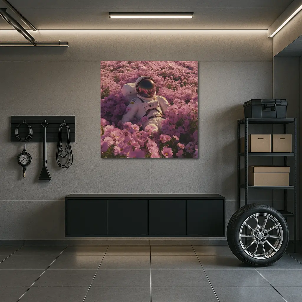Astronaut Resting In Pink Flower Field – Wall Art