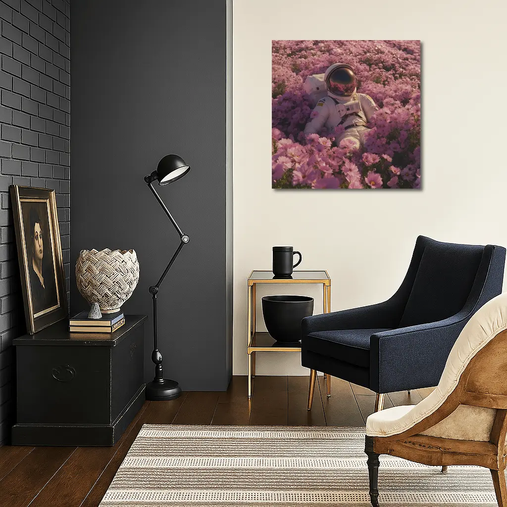 Astronaut Resting In Pink Flower Field – Wall Art