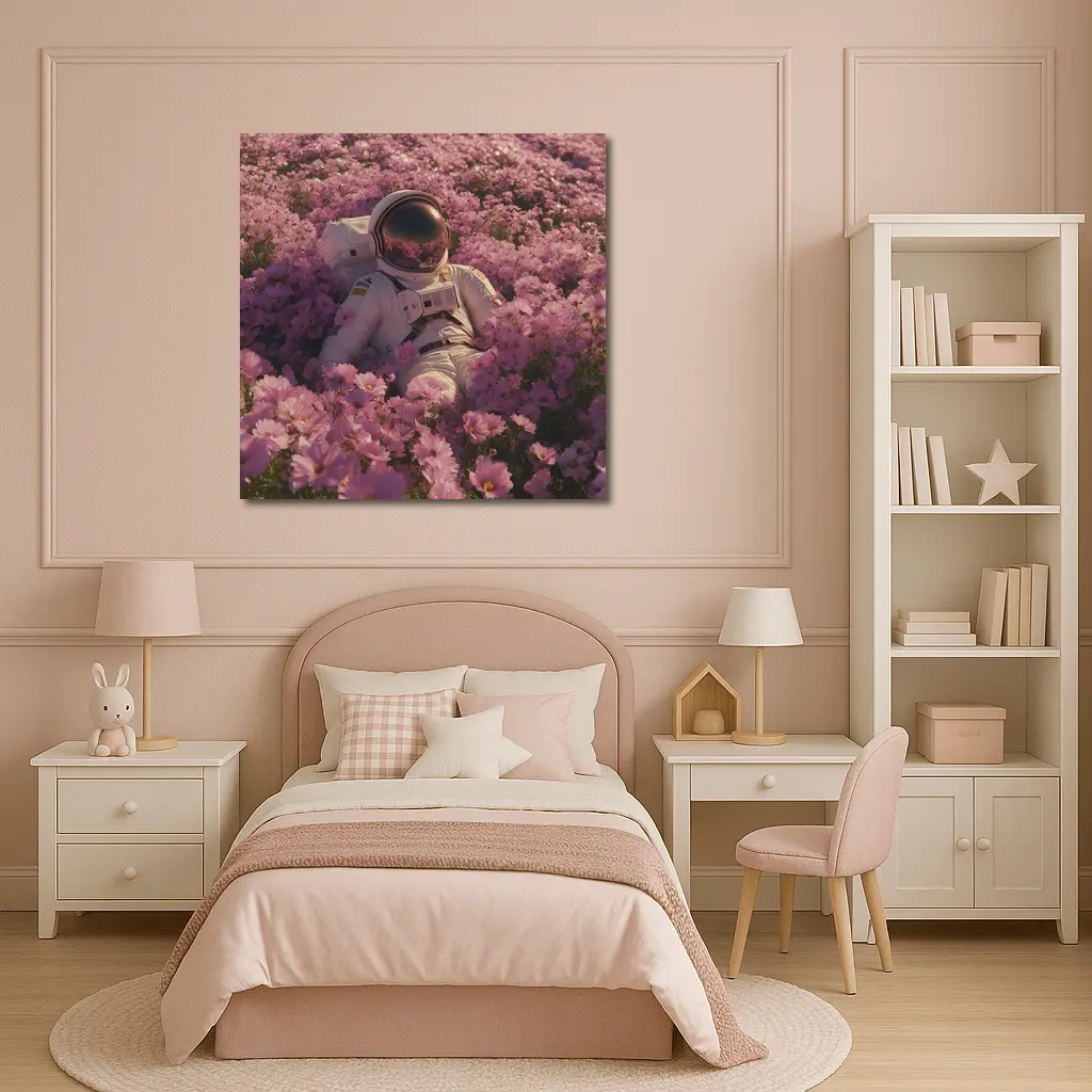 Astronaut Resting In Pink Flower Field – Wall Art