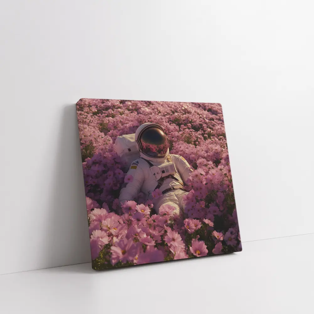 Astronaut Resting In Pink Flower Field – Wall Art