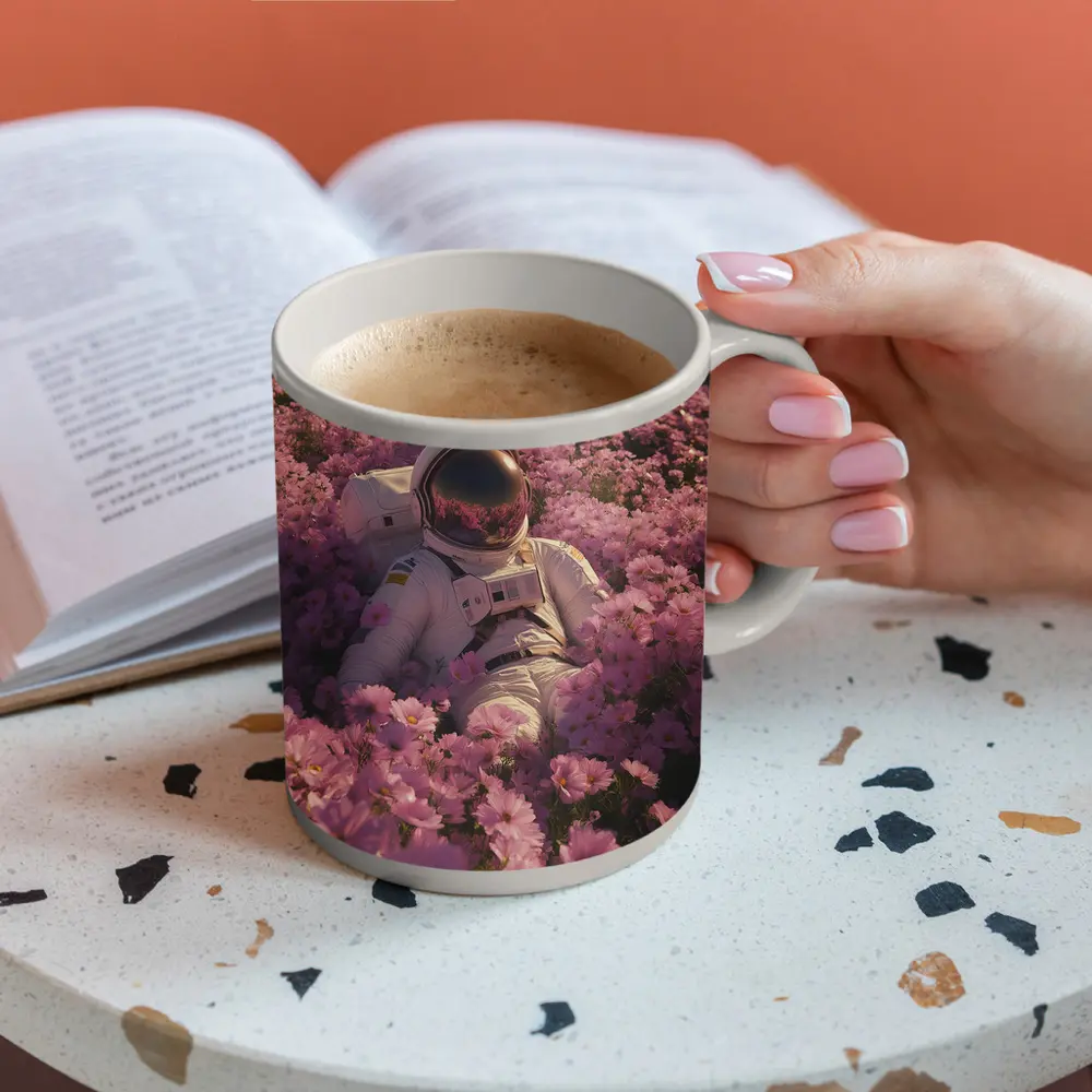 Astronaut Resting In Pink Flower Field – Mugs