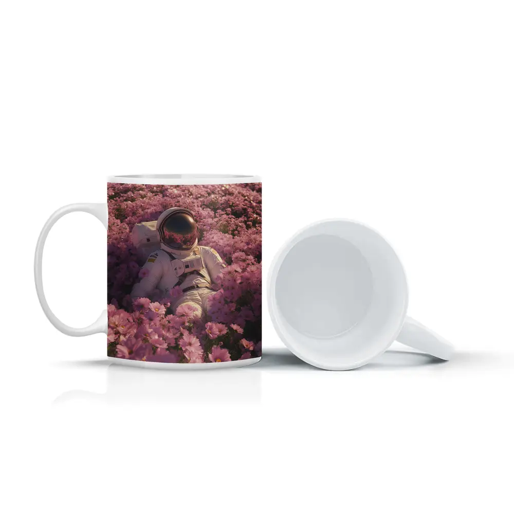 Astronaut Resting In Pink Flower Field – Mugs