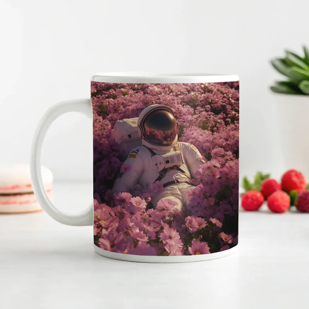 Astronaut Resting In Pink Flower Field – Mugs