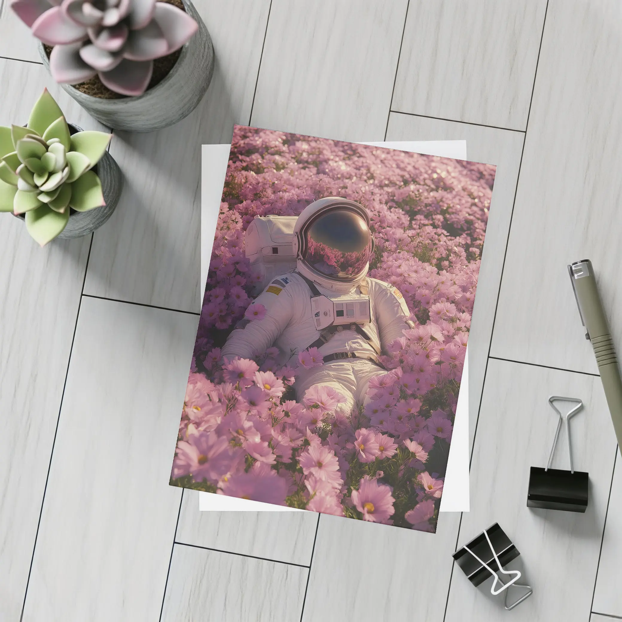 Astronaut Resting In Pink Flower Field – Postcards