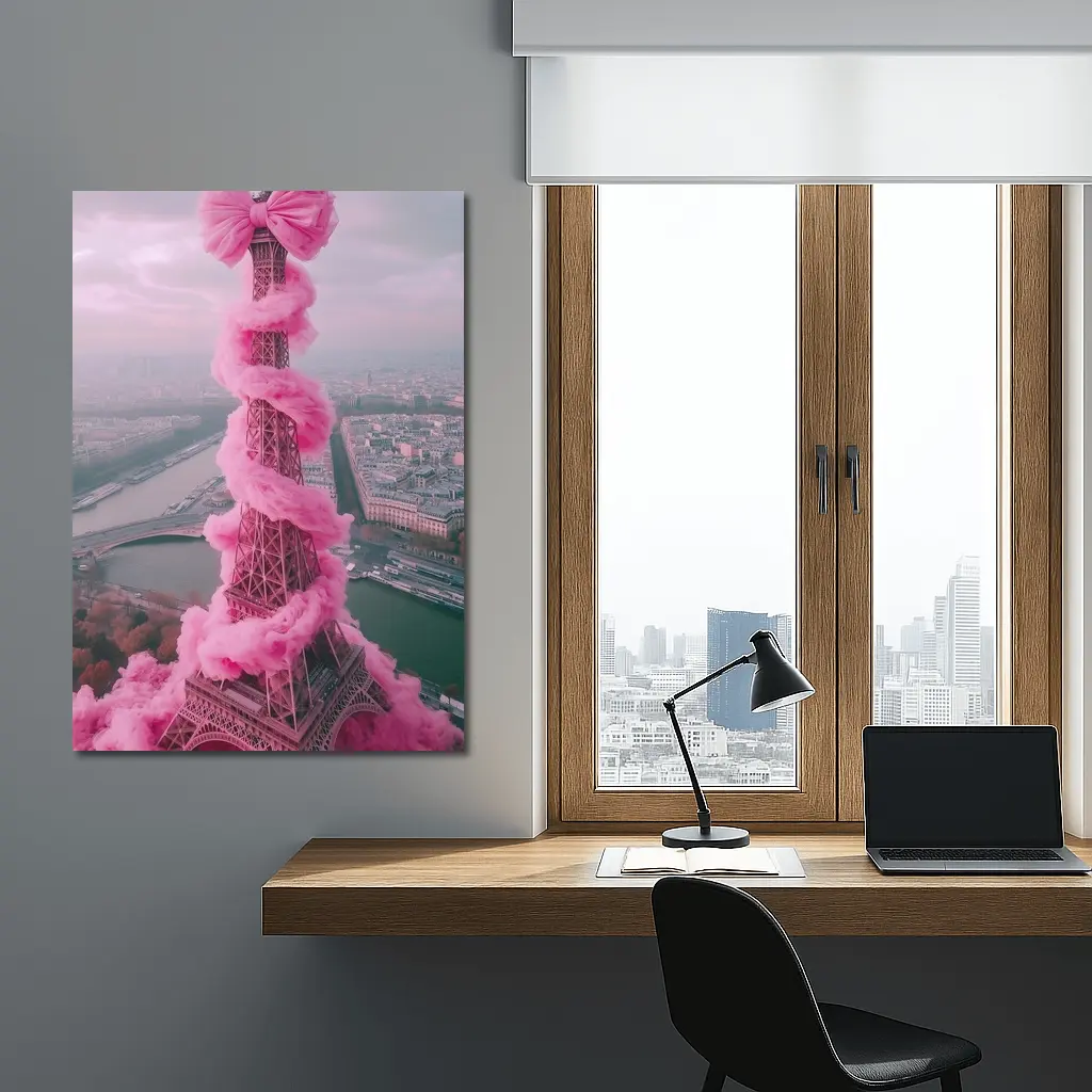 Pink Eiffel Tower Paris Bow Cloud Art – Wall Art