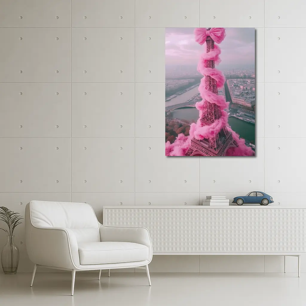 Pink Eiffel Tower Paris Bow Cloud Art – Wall Art
