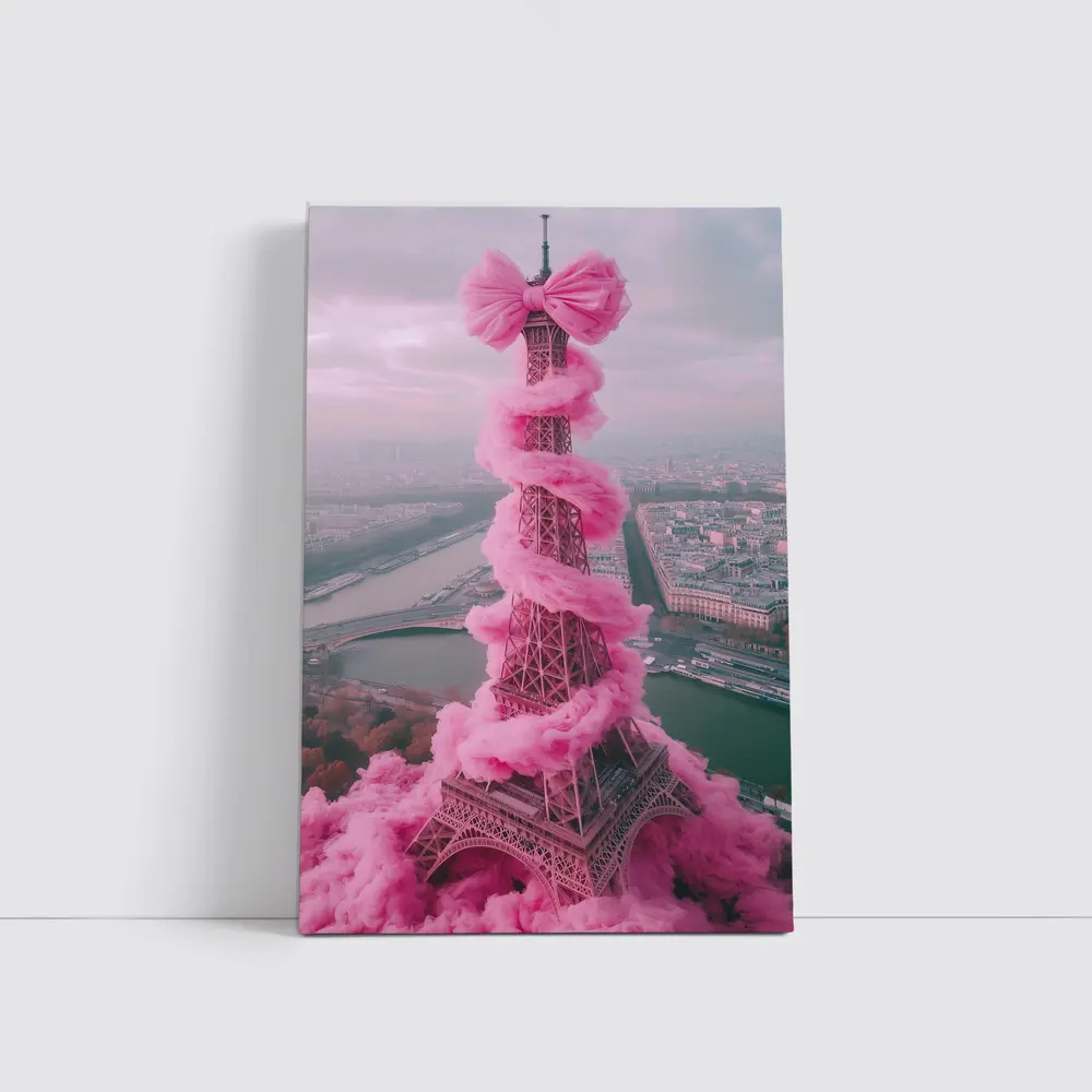 Pink Eiffel Tower Paris Bow Cloud Art – Wall Art
