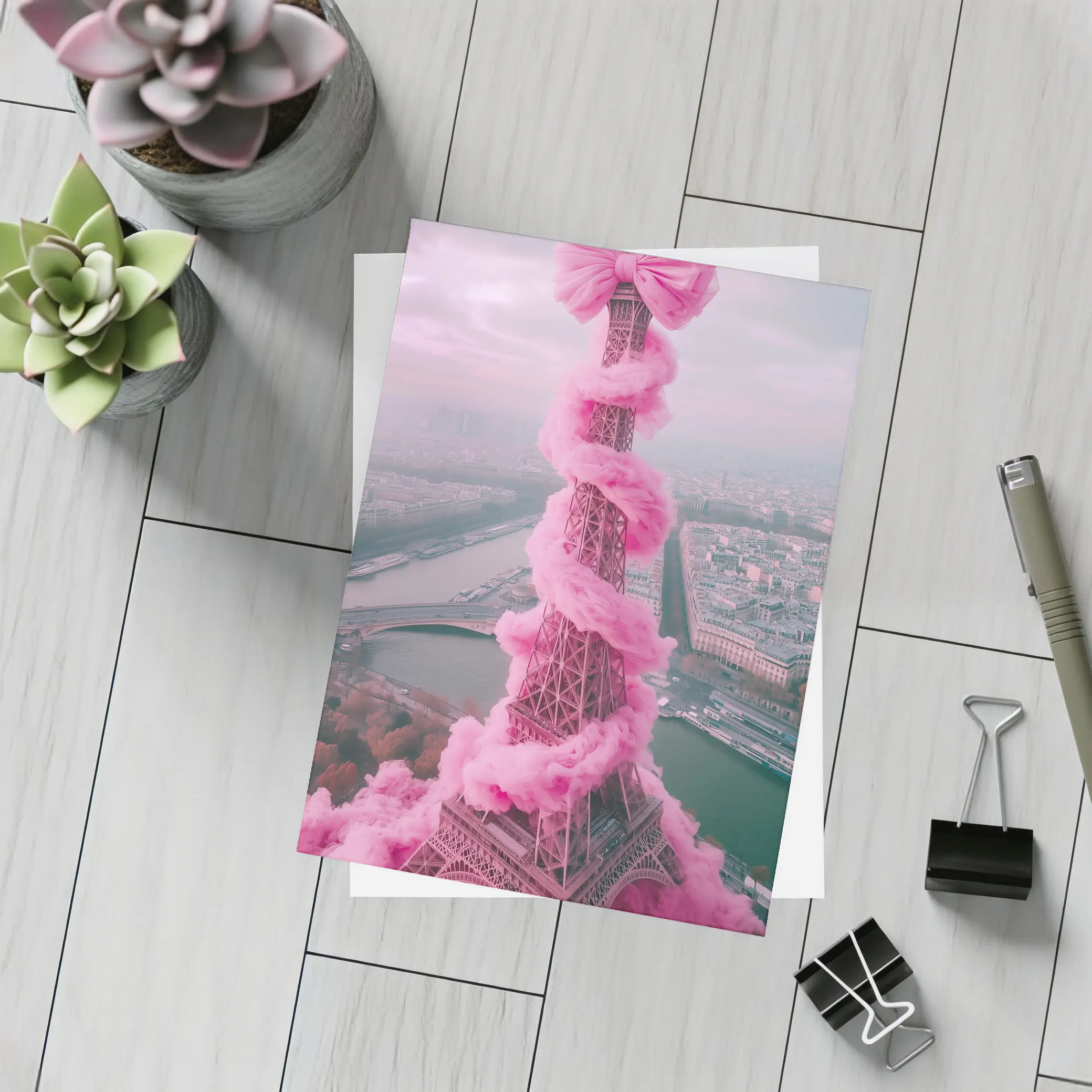 Pink Eiffel Tower Paris Bow Cloud Art – Postcards