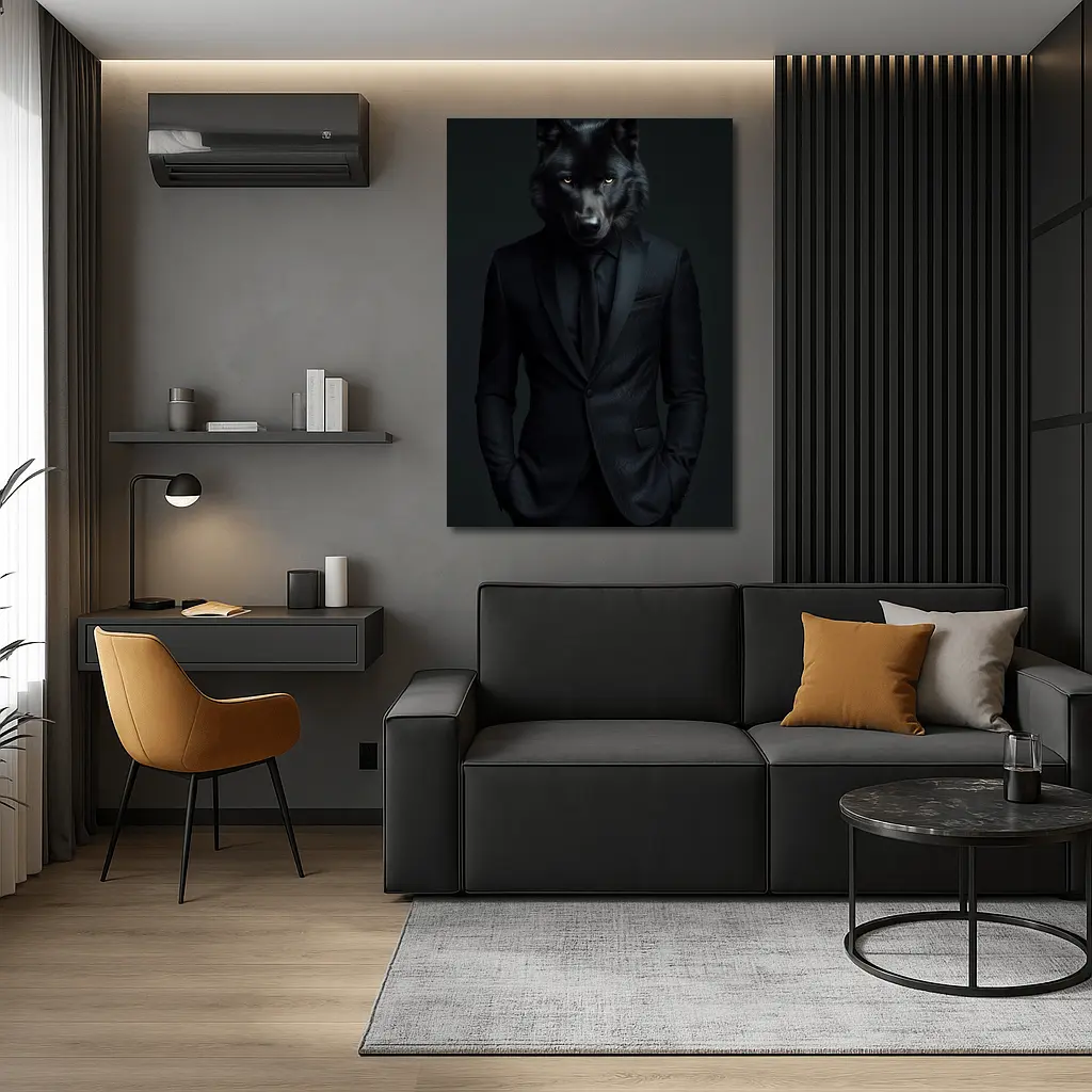 Black Wolf in Suit Dark Background – Wall Art