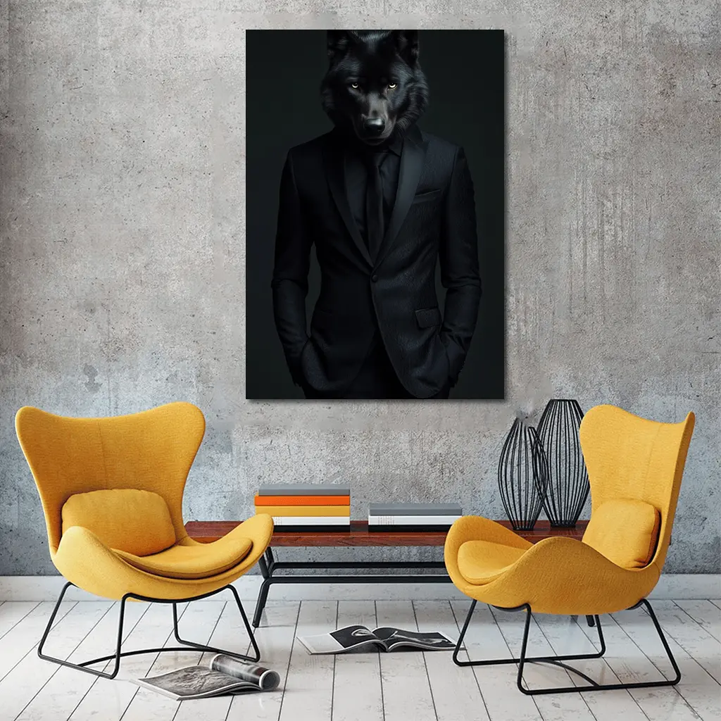 Black Wolf in Suit Dark Background – Wall Art