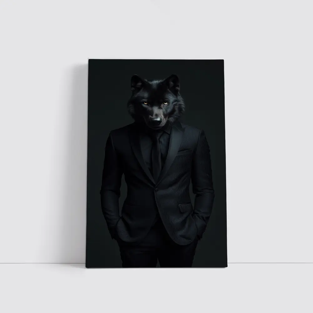 Black Wolf in Suit Dark Background – Wall Art