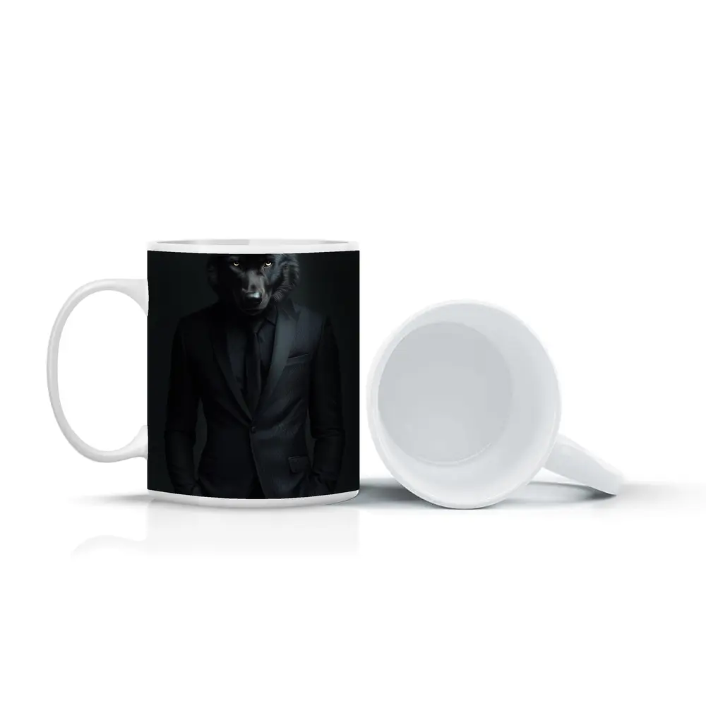 Black Wolf in Suit Dark Background – Mugs