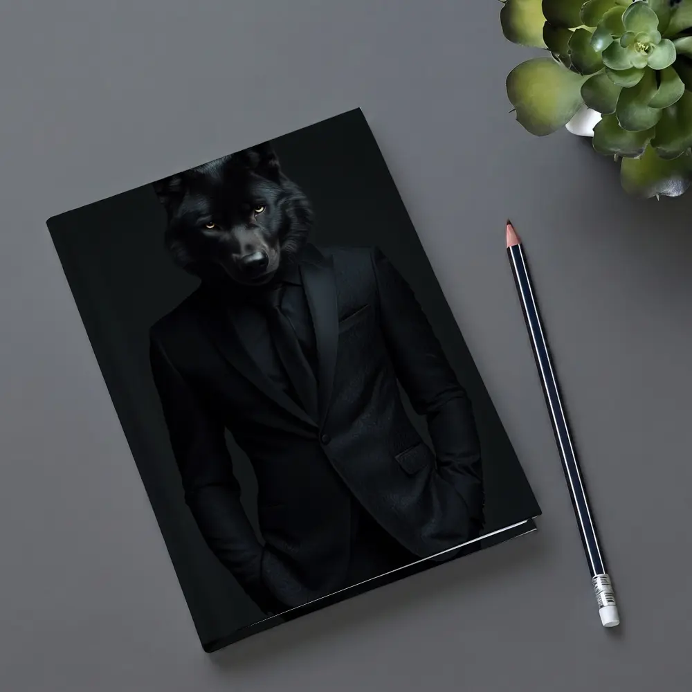 Black Wolf in Suit Dark Background – Notebooks