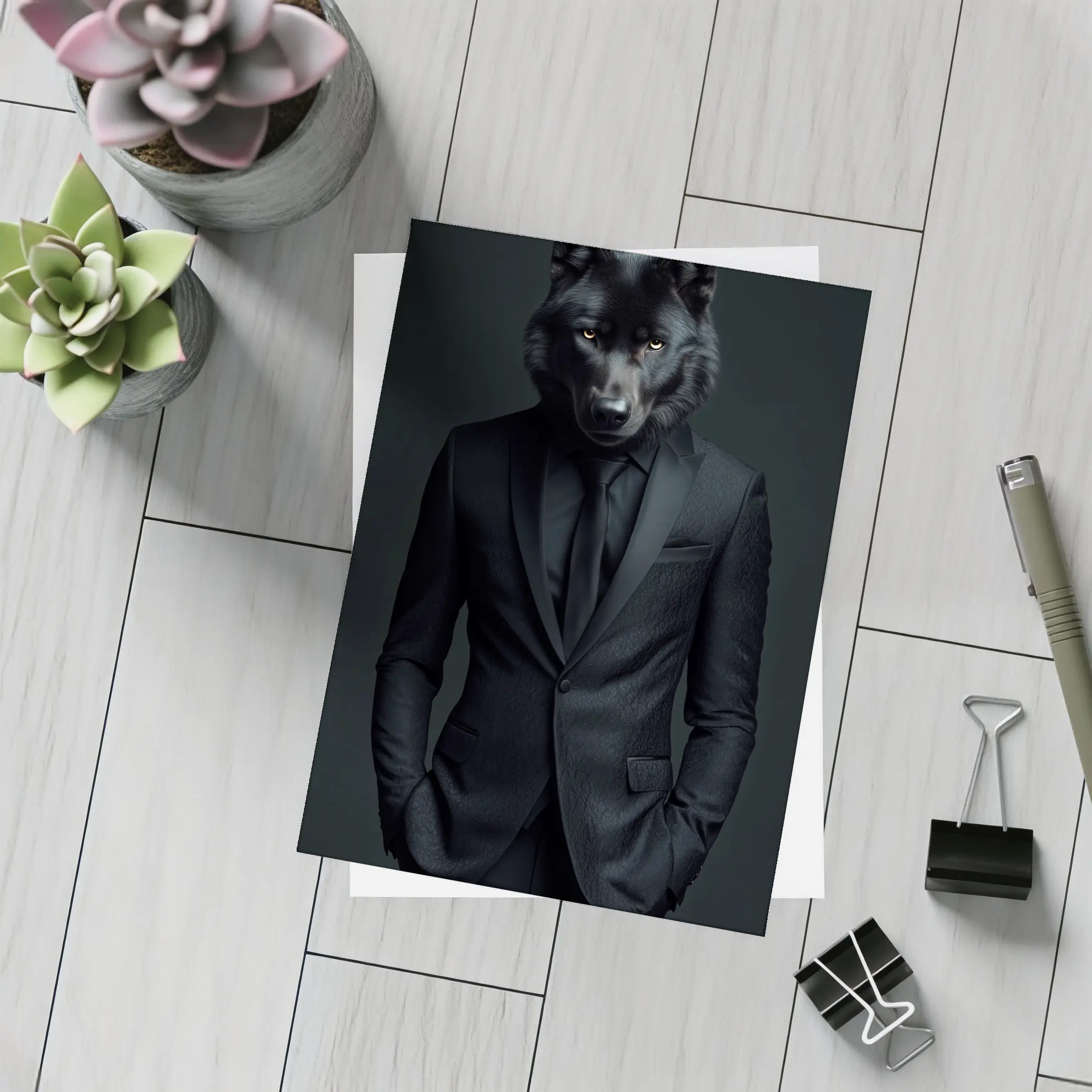 Black Wolf in Suit Dark Background – Postcards