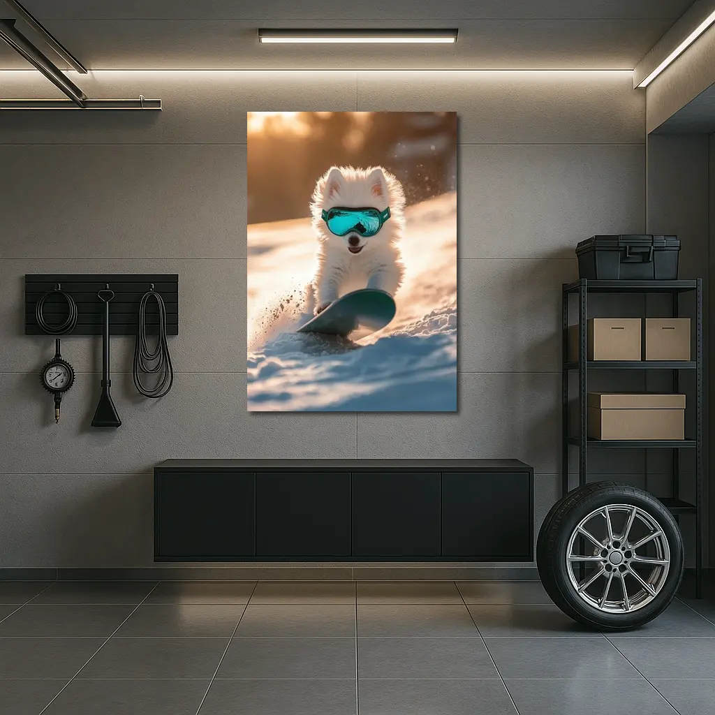Fluffy White Puppy Snowboarding Snowy Winter Slope – Wall Art