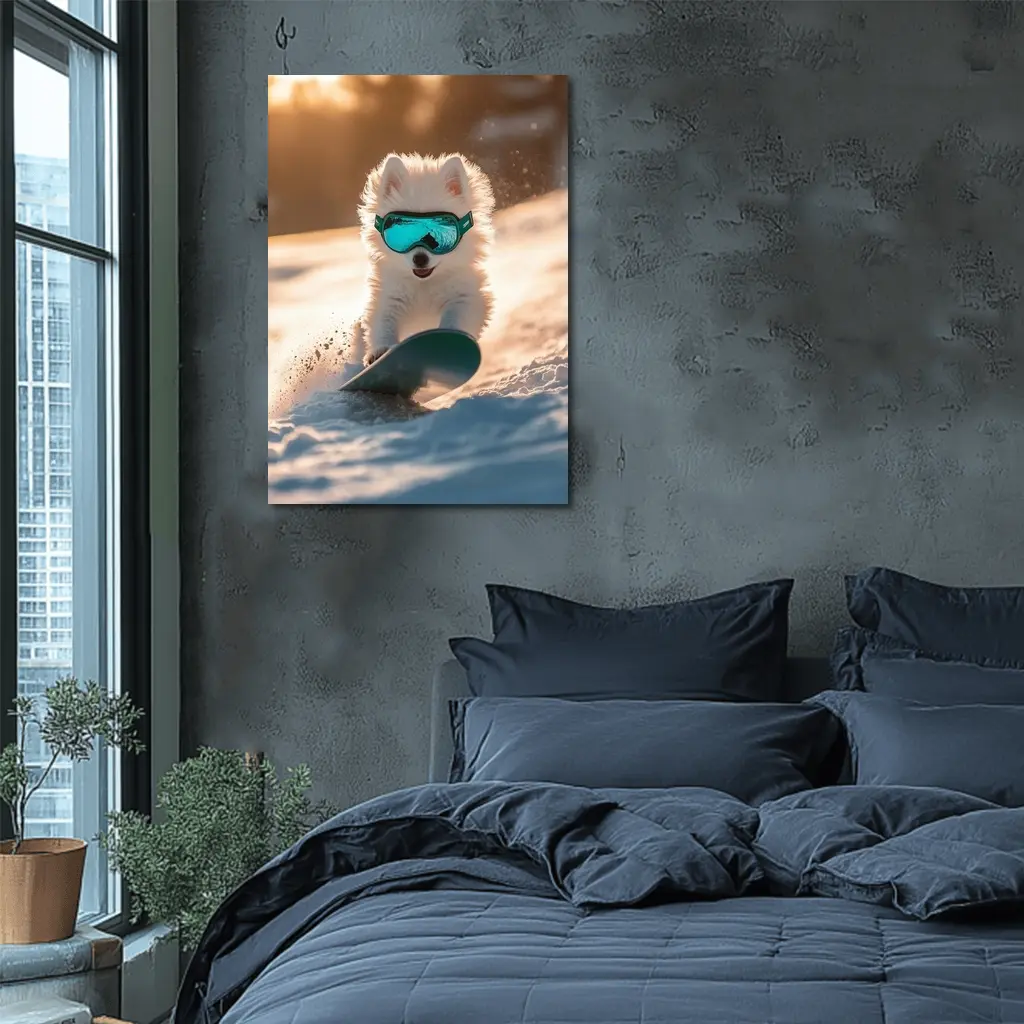 Fluffy White Puppy Snowboarding Snowy Winter Slope – Wall Art