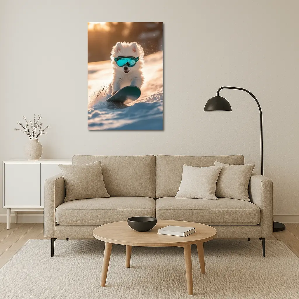 Fluffy White Puppy Snowboarding Snowy Winter Slope – Wall Art