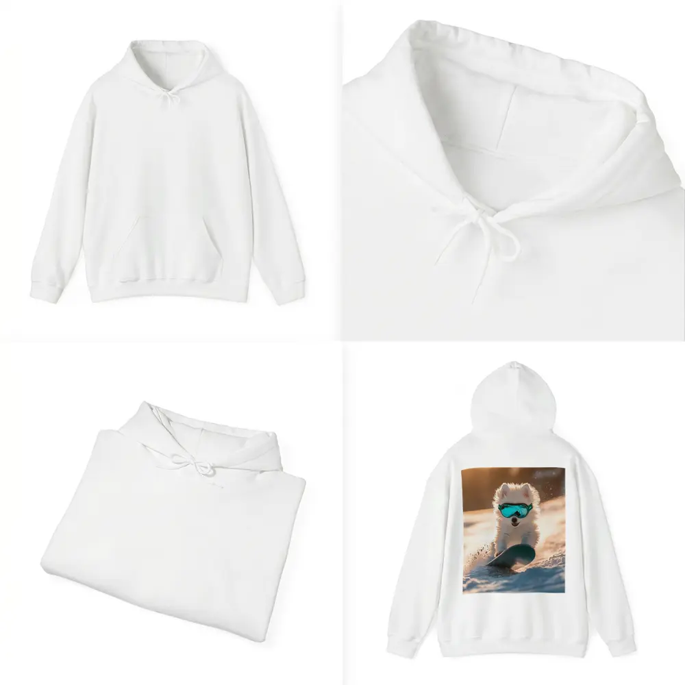 Fluffy White Puppy Snowboarding Snowy Winter Slope – Hoodies