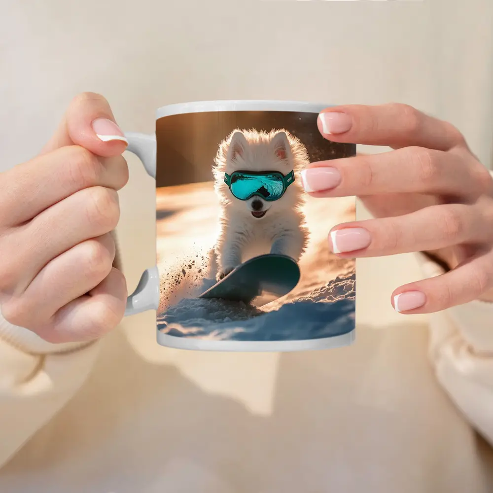 Fluffy White Puppy Snowboarding Snowy Winter Slope – Mugs