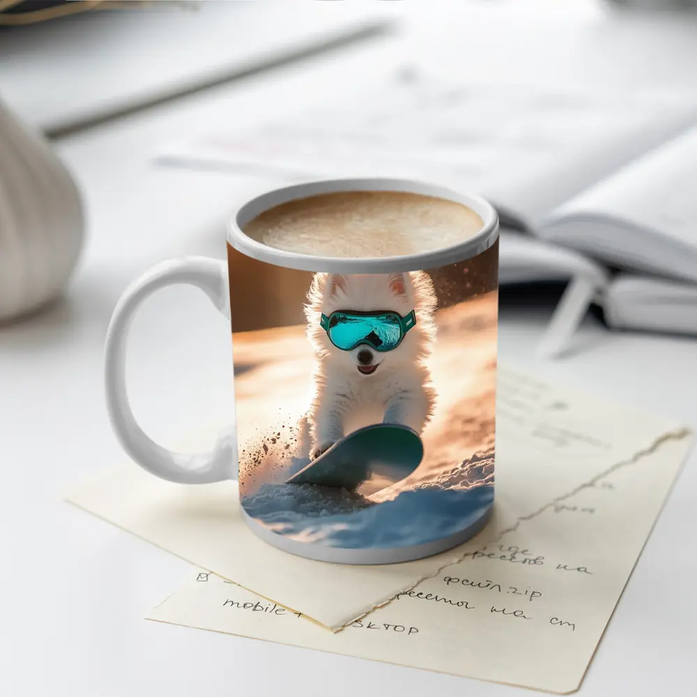 Fluffy White Puppy Snowboarding Snowy Winter Slope – Mugs