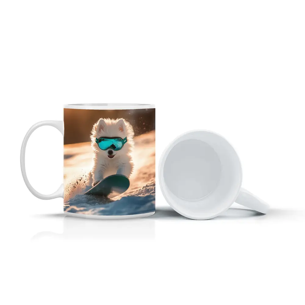 Fluffy White Puppy Snowboarding Snowy Winter Slope – Mugs