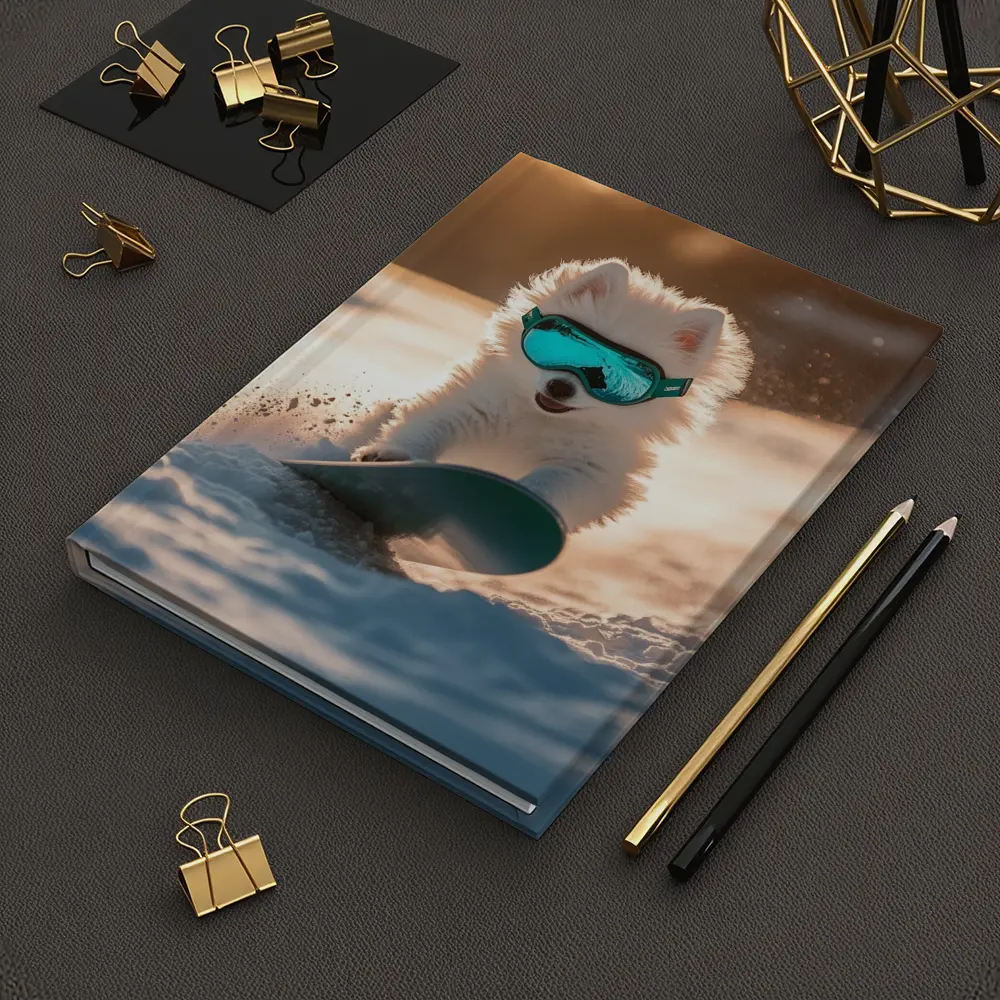 Fluffy White Puppy Snowboarding Snowy Winter Slope – Notebooks
