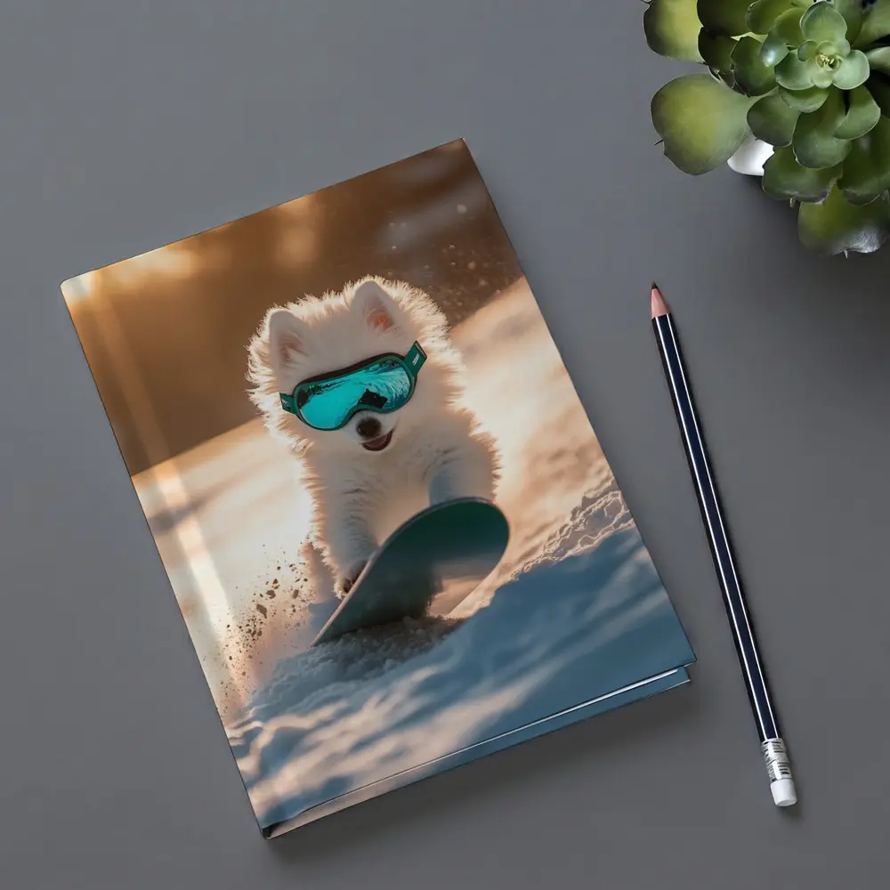 Fluffy White Puppy Snowboarding Snowy Winter Slope – Notebooks