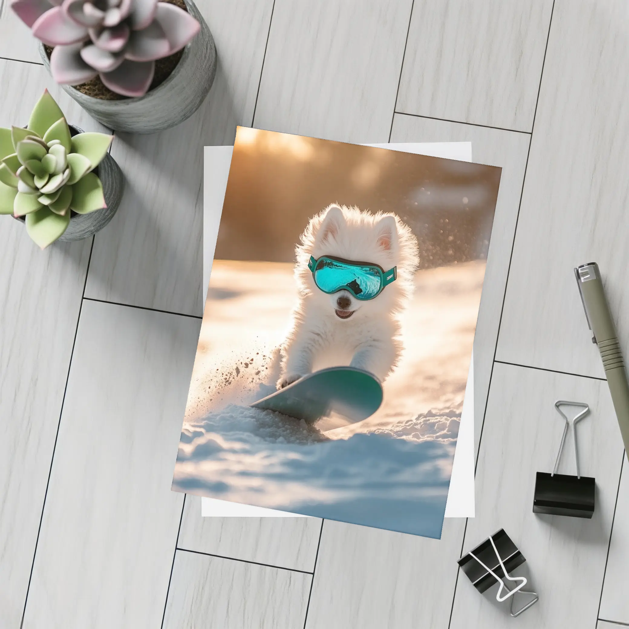 Fluffy White Puppy Snowboarding Snowy Winter Slope – Postcards