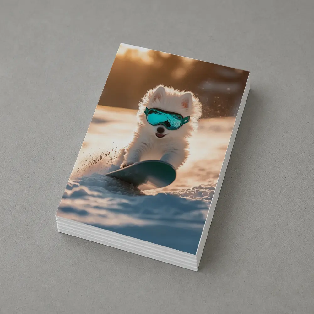 Fluffy White Puppy Snowboarding Snowy Winter Slope – Postcards