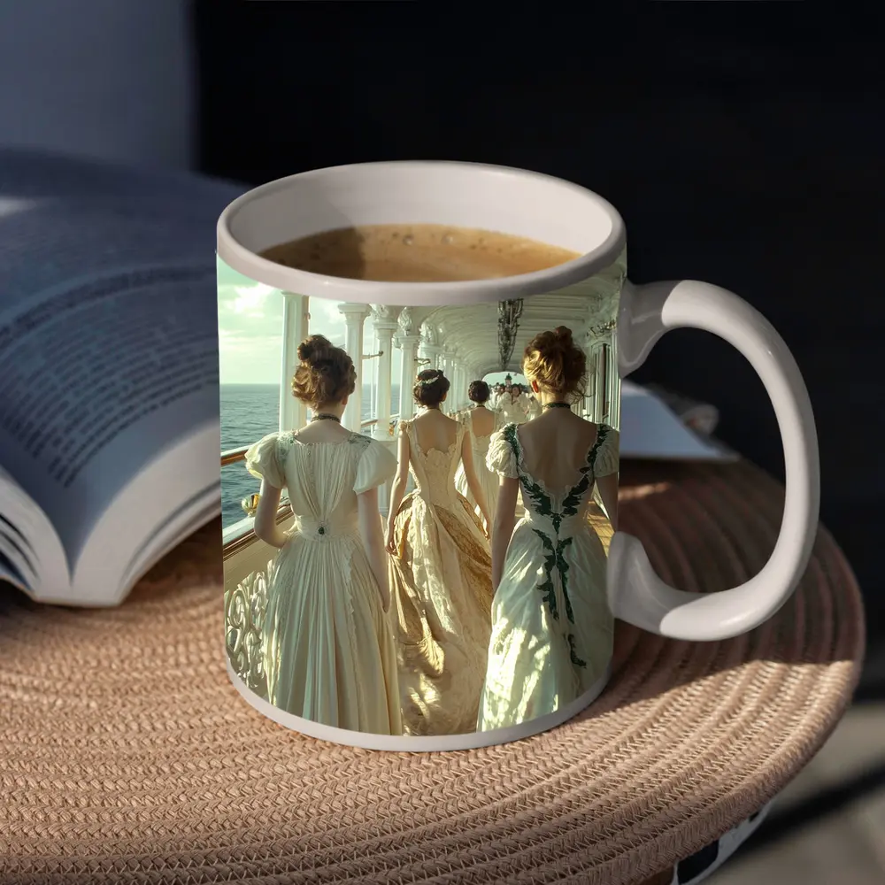 Victorian Women in Gowns on Ship Deck – Mugs
