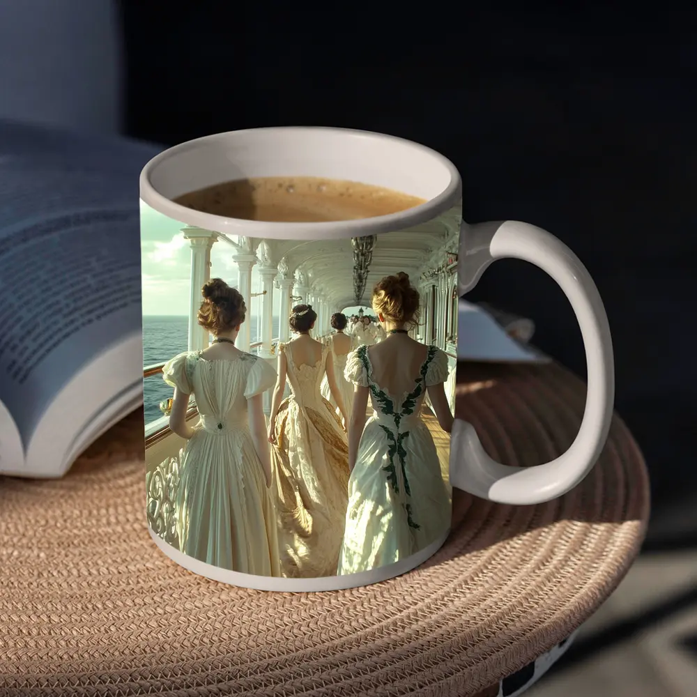 Victorian Women in Gowns on Ship Deck – Mugs